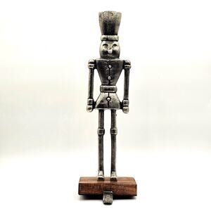 Holiday Time Aluminum Nutcracker Stocking Holder Rustic Wood Base 15.5 x 4.75